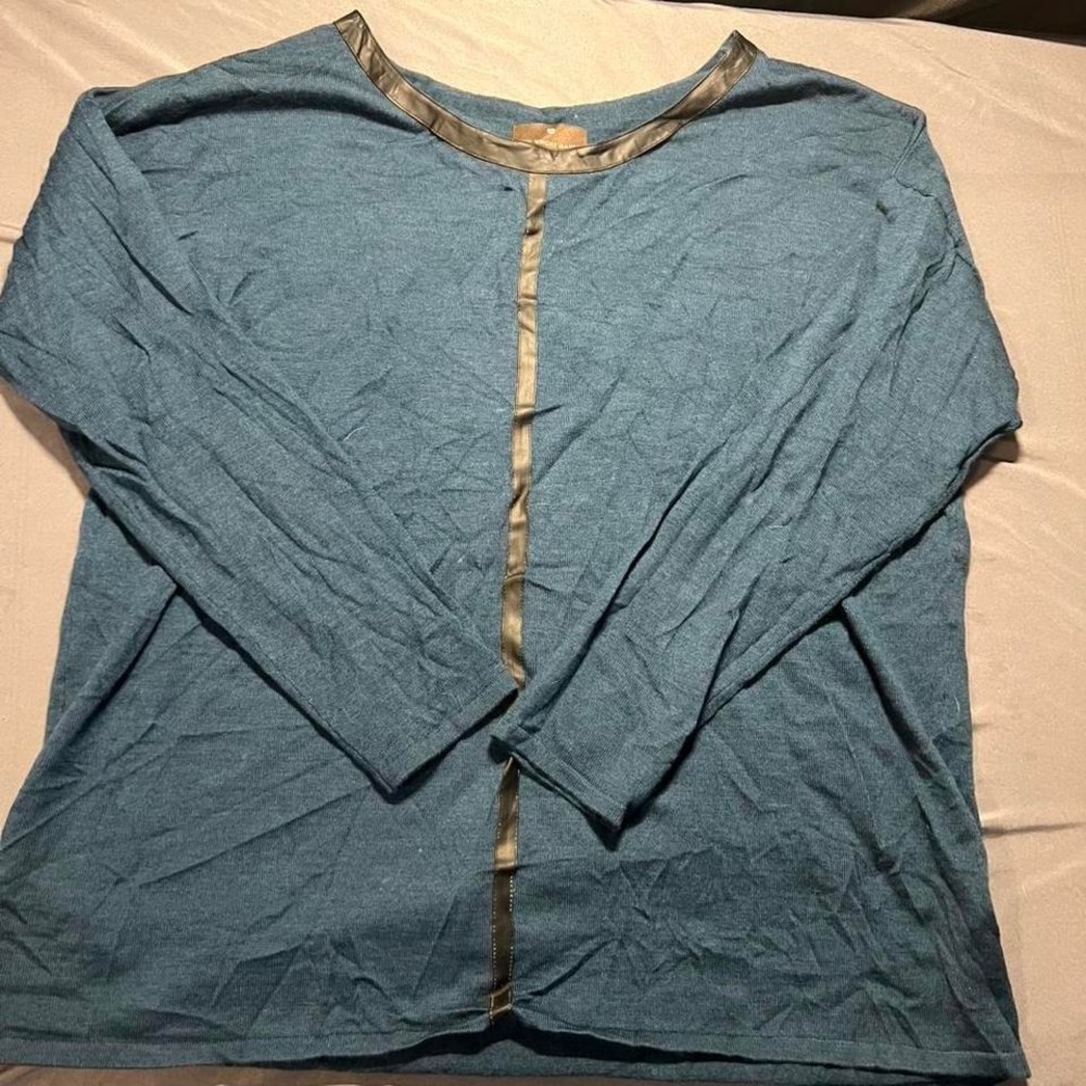 Fenn Wright Manson Woman 2X Teal Blue 100% Extrafine Merino Wool Trim Sweater